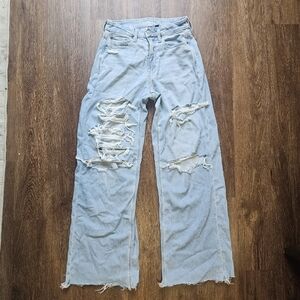 Womens American Eagle Jeans Baggy Drape Ripped Distressed Sz 4 High Waist Stretc